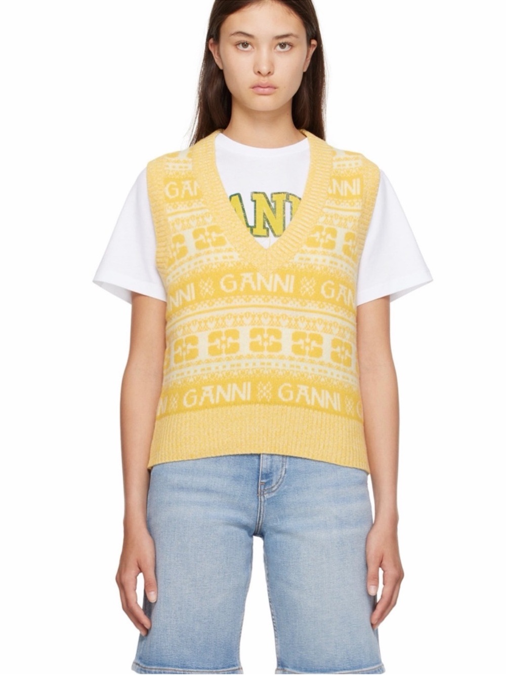 Ganni // Yellow V-Neck Knit Logo Vest
